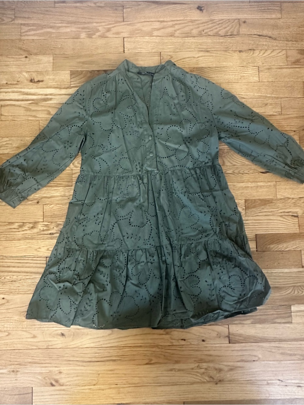 Zara Olive Eyelet Tiered Fall Long-Sleeve Dress